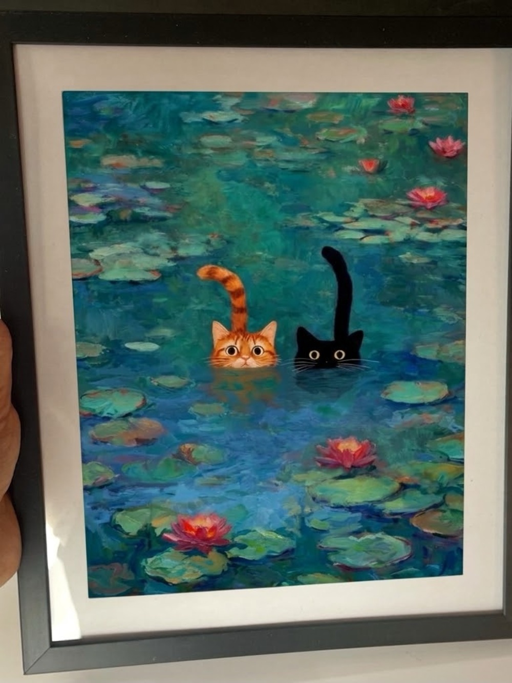 (8”x10”) Framed Cat Art Print – Monet Water Lilies style